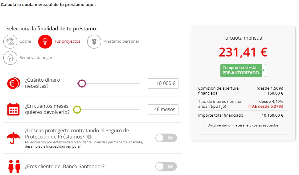 Ejemplo del simulador de préstamo de Santander
