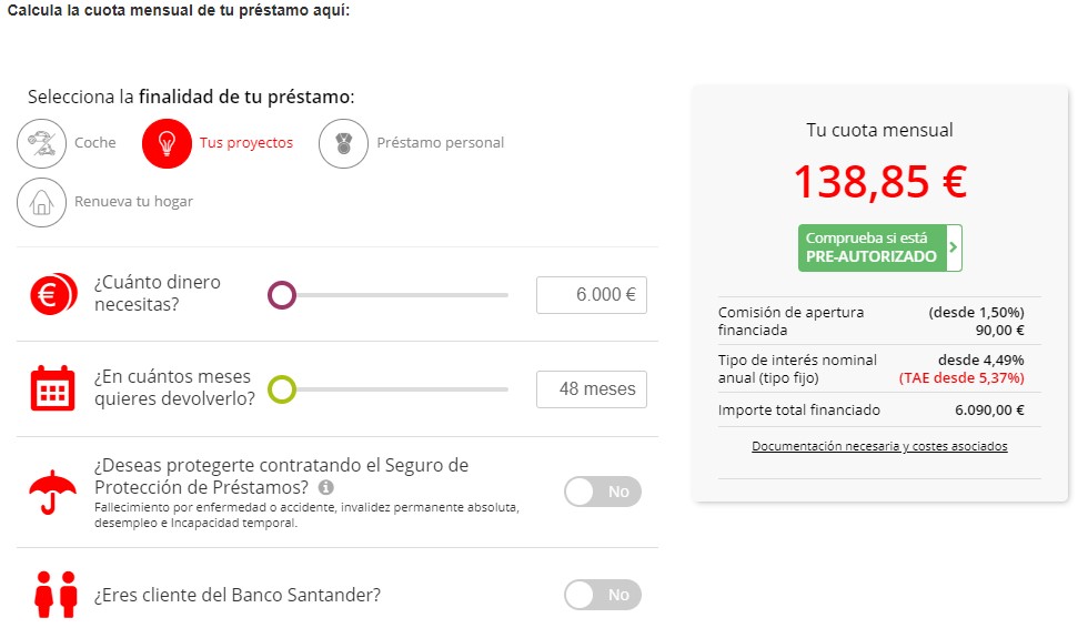 Simulador de préstamo Santander